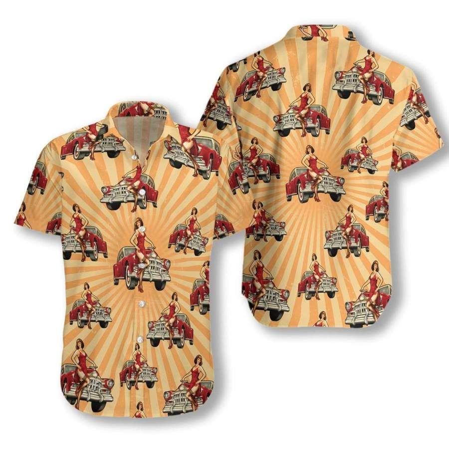 Vintage Car And Chick For Dinner Hawaiian Aloha Shirts