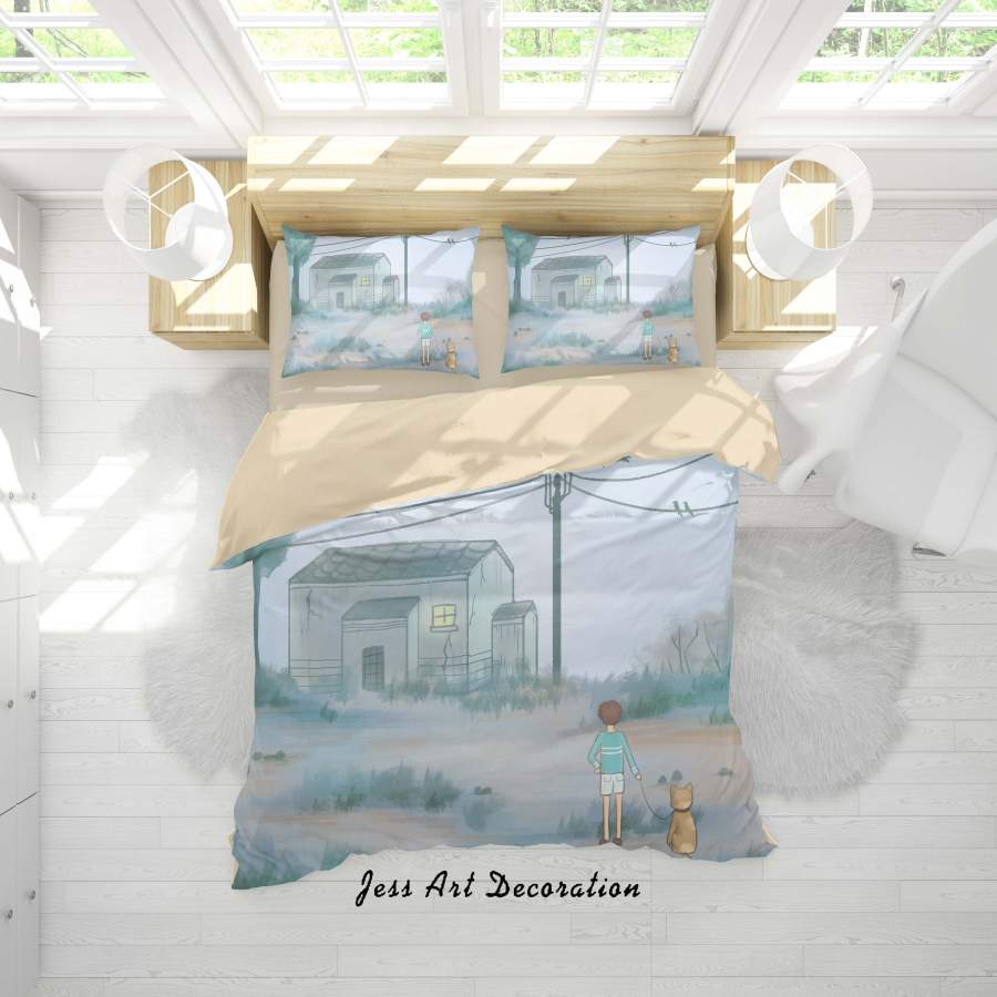 3D House Wire Girl Cat Painting Quilt Cover Set Bedding Set Duvet Cover Pillowcases A479 LQH