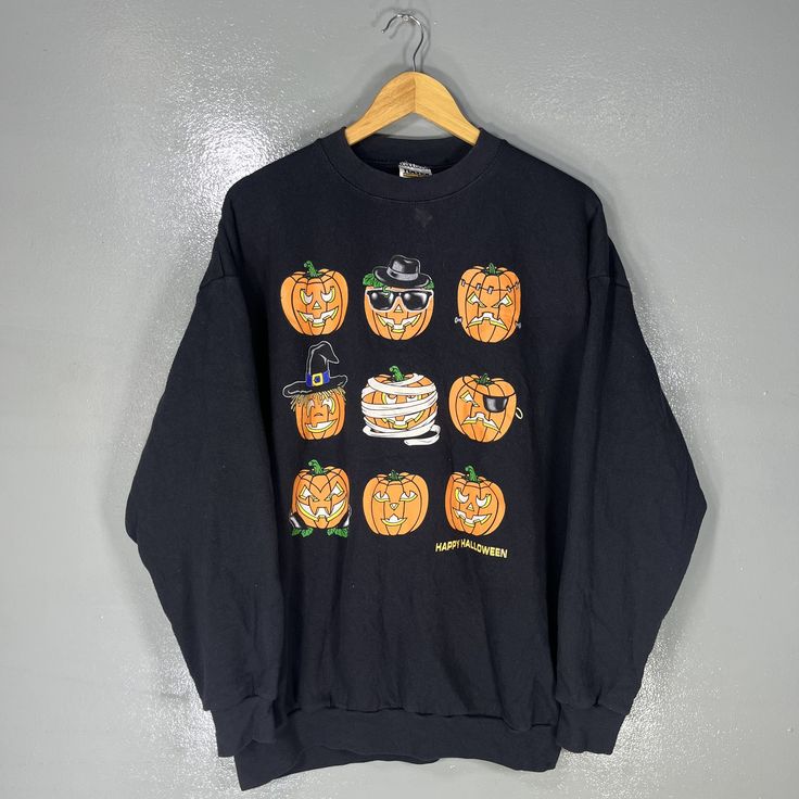 Vintage 90s Tultex Tag Pumpkin Emoji Halloween BigLogo Printed Colour Black Crewneck Pullover Baggie Sweater Halloween Vintage, Halloween Costume Ideas, Shirt Outfit Ideas