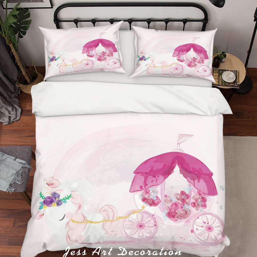 3D Pink Watercolor Horse Carriage Quilt Cover Set Bedding Set Duvet Cover Pillowcases SF78