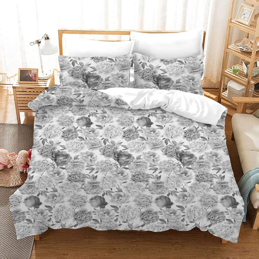 3D Grey Floral Quilt Cover Set Bedding Set Duvet Cover Pillowcases JN 1119