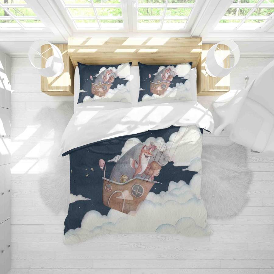 3D Cartoon Animal Hot Air Balloon Girl Rhino Fox Flamingo Quilt Cover Set Bedding Set Duvet Cover Pillowcases SF037