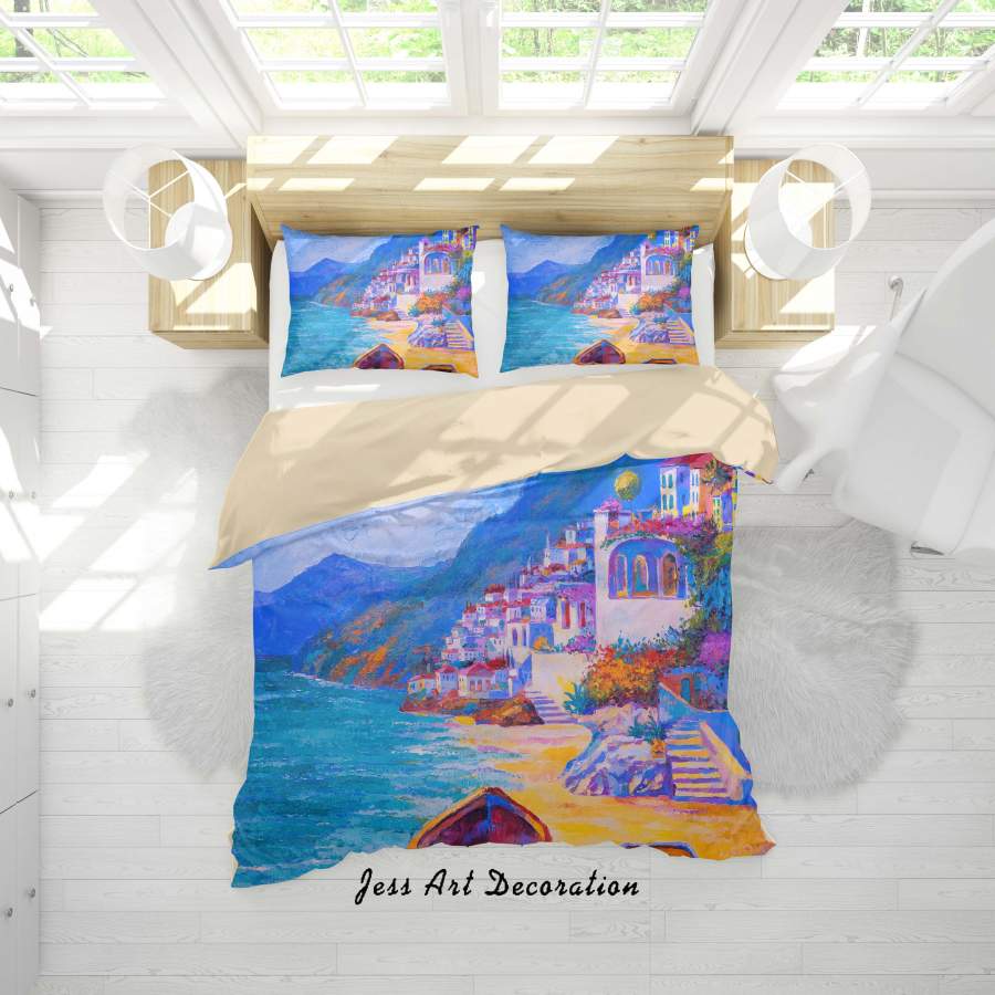 3D Seashore City Oil Painting Quilt Cover Set Bedding Set Duvet Cover Pillowcases A065 LQH