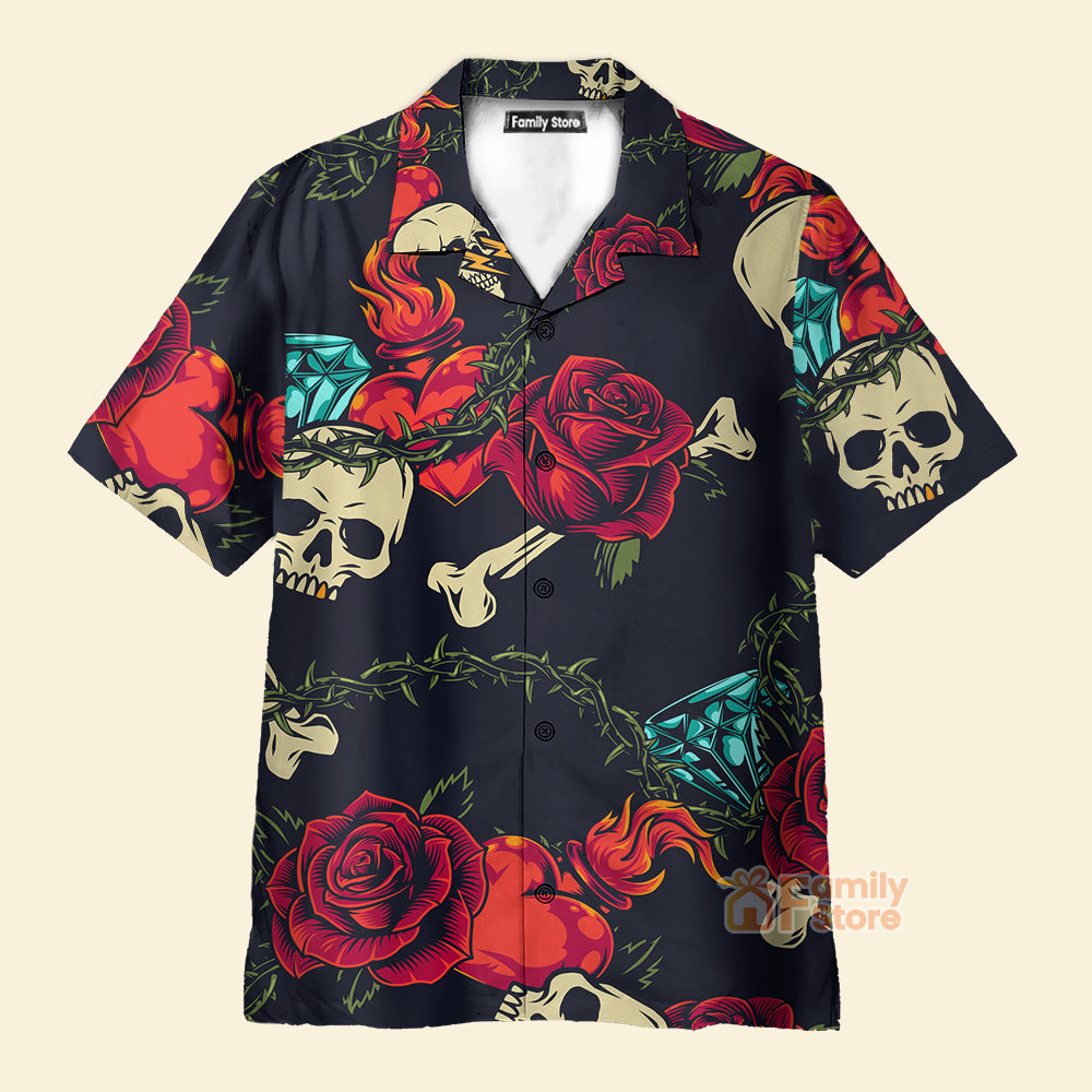 Vintage Black Skull Heart Rose Easy Care – Hawaiian Shirt