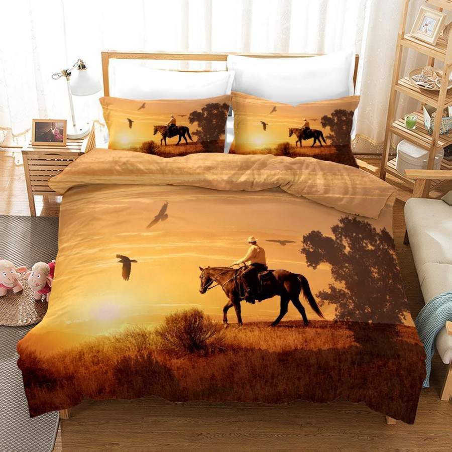 3D Nightfall Cowboy Horses Birds Quilt Cover Set Bedding Set Pillowcases 8