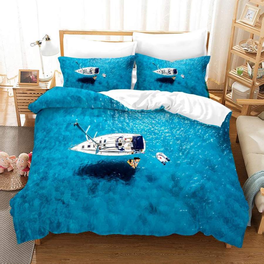 3D Blue Sea White Sailboat Quilt Cover Set Bedding Set Duvet Cover Pillowcases A536 LQH