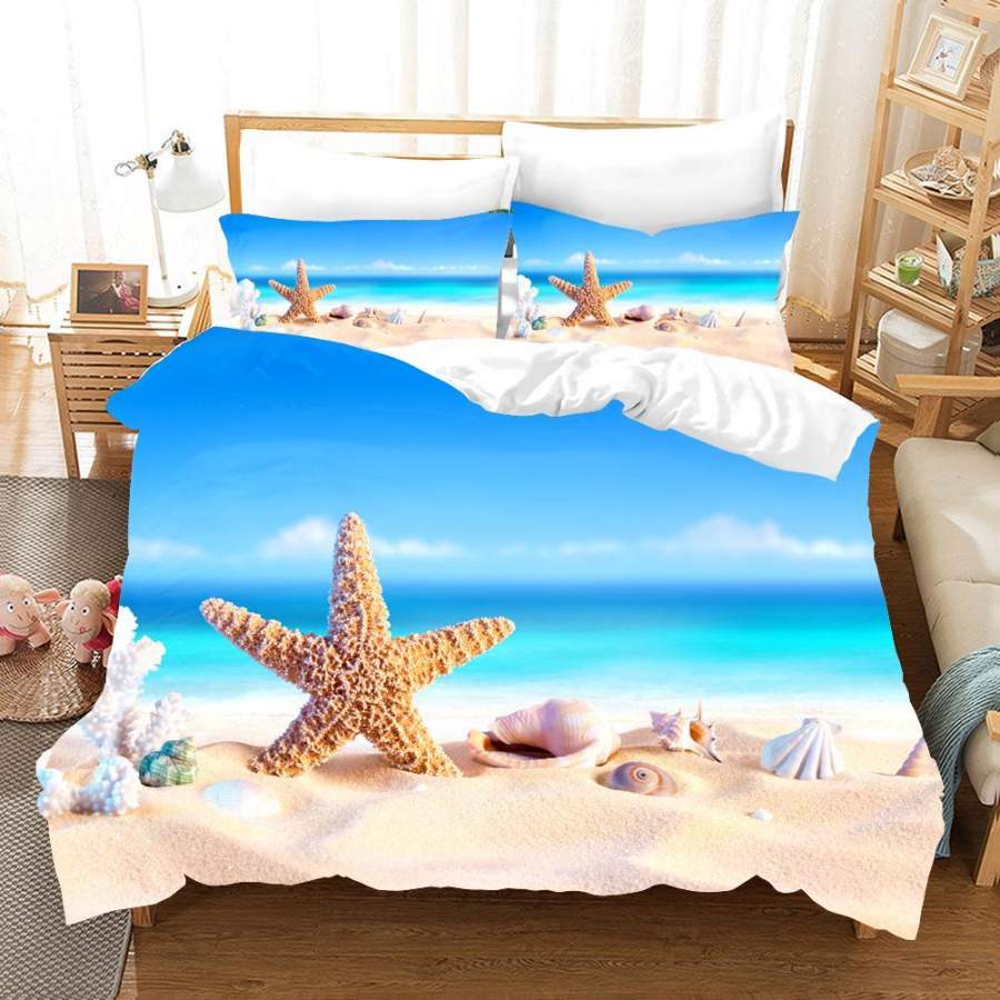 3D Blue Sea Beach Starfish Conch Quilt Cover Set Bedding Set Pillowcases 46