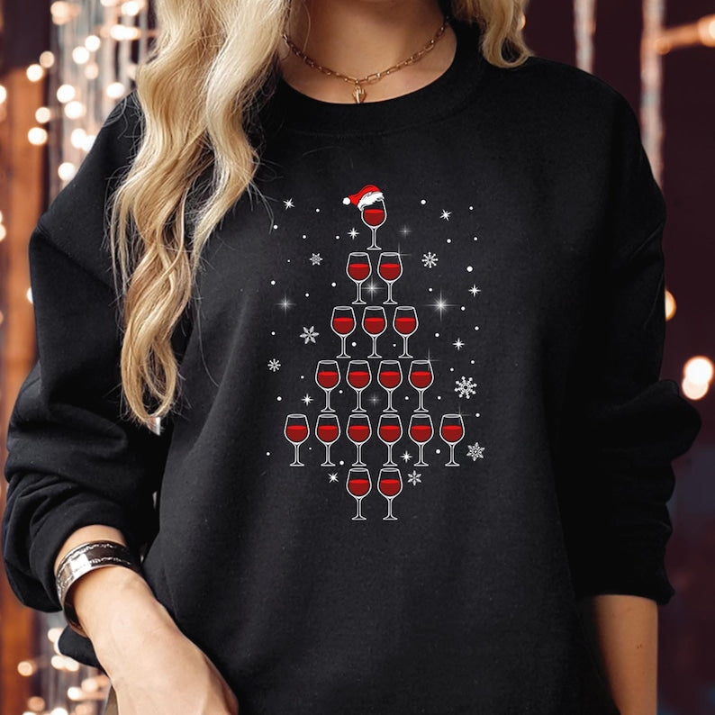 Wine Glass Christmas Tree Snowflake Red Love Santa Hat – Sweatshirt