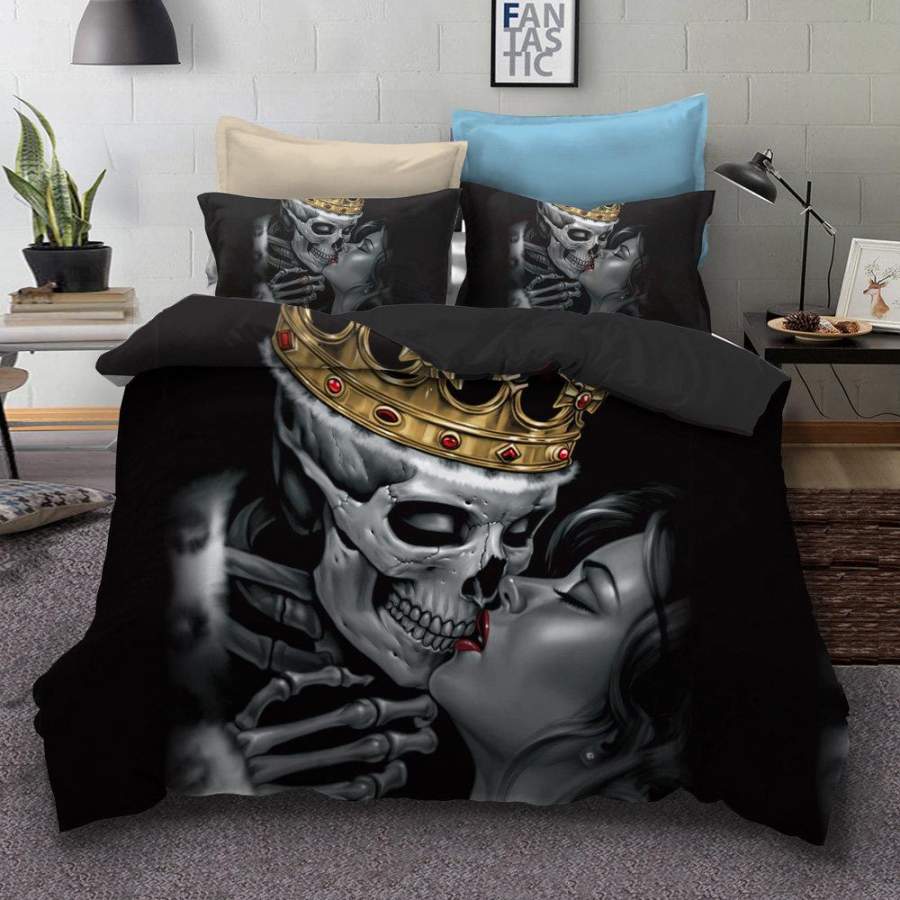 3D Black Crown Skull Kiss  Quilt Cover Set Bedding Set Pillowcases