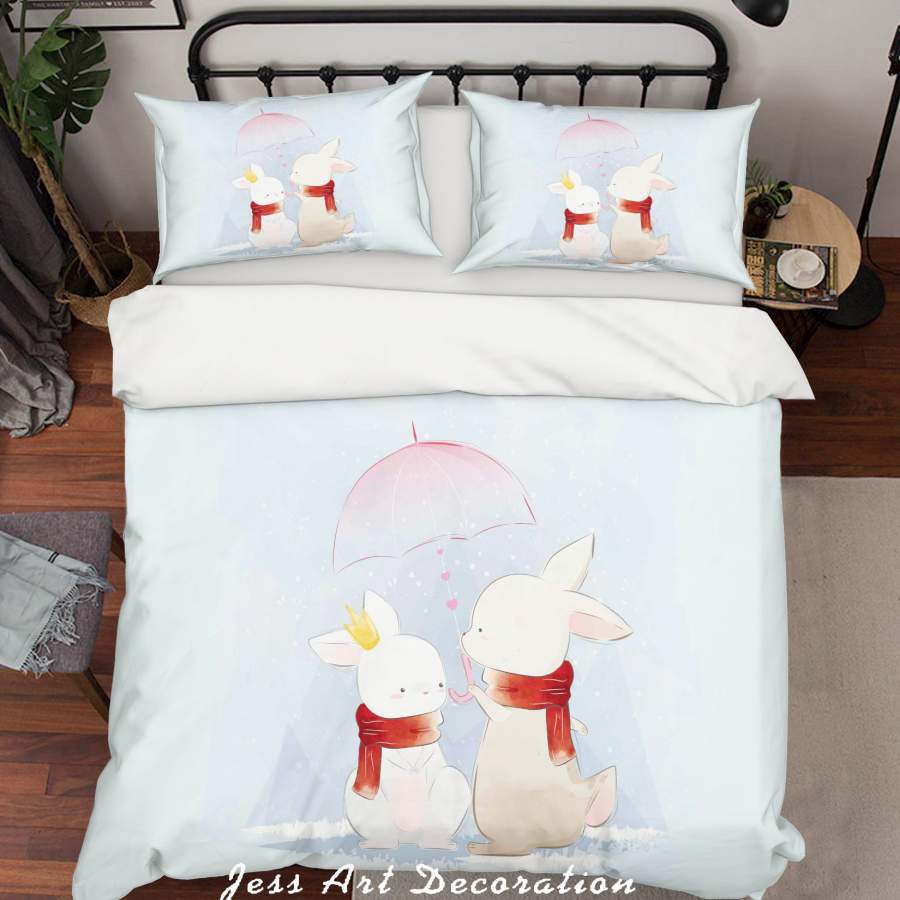 3D Blue Rabbit Umbrella Quilt Cover Set Bedding Set Duvet Cover Pillowcases SF87