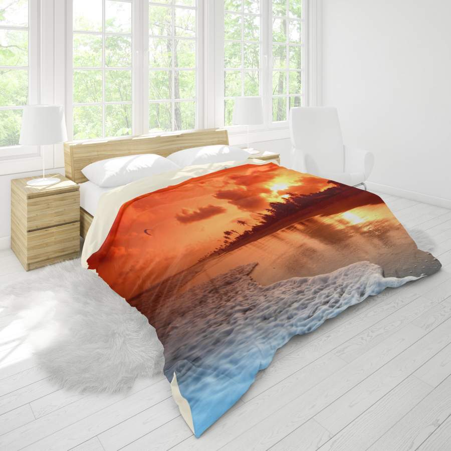 3D Red Sunset Beach Sea Quilt Cover Set Bedding Set Pillowcases 01