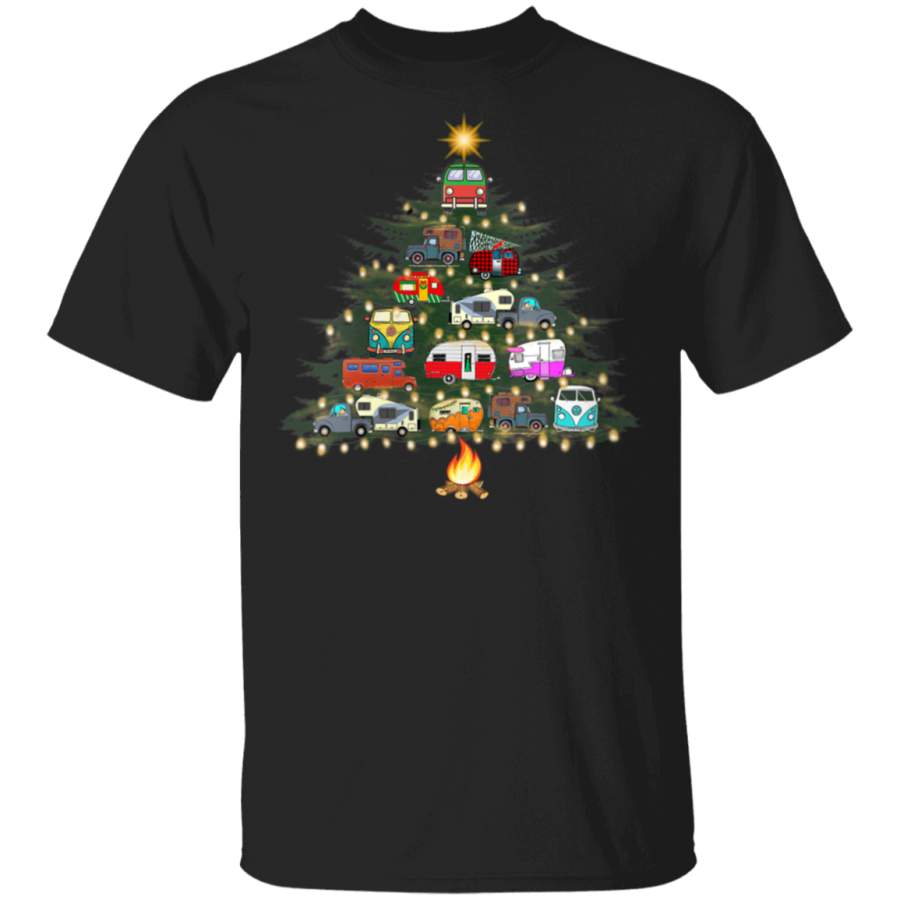 Womens Camper Christmas Tree Vehicles Camping RVing Trailers Gift V Neck T Shirt By Vevotee Store T-shirt Long Hoodie Black