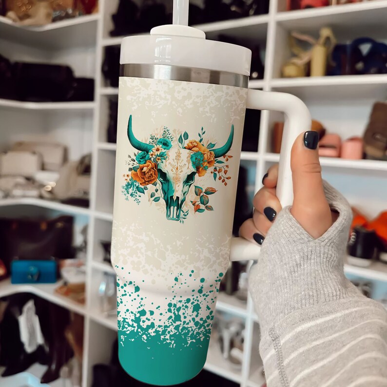 Western Boho Teal Floral Bull Skull  – 40Oz Tumbler Cup With Straw