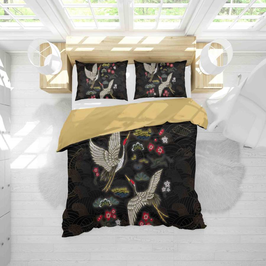 3D Black Crane Floral Quilt Cover Set Bedding Set Duvet Cover Pillowcases SF004