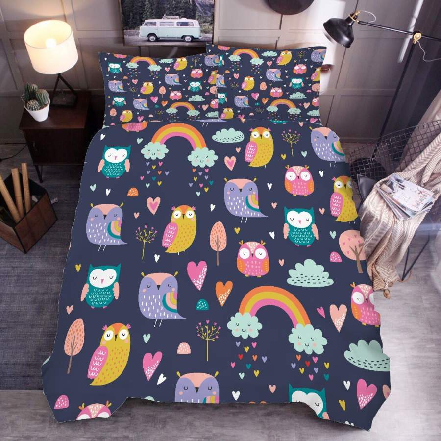 3D Cartoon Rainbow Owl Quilt Cover Set Bedding Set Duvet Cover Pillowcases SF74