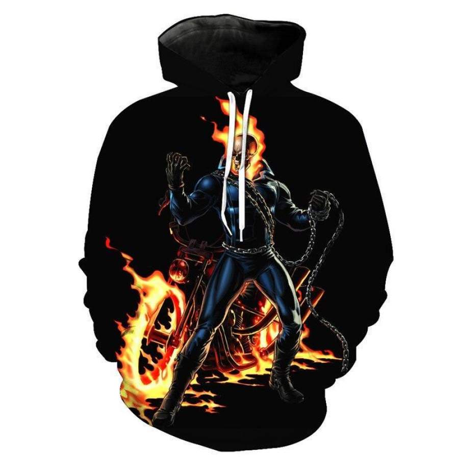 3D Skull Hoodies Burning Flame Ghost Rider Hoodies Sweatshirt Pullover