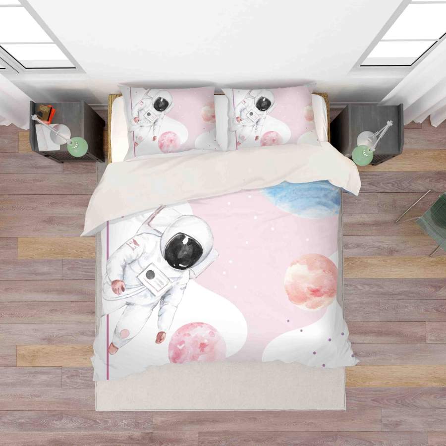 3D Pink Planet Astronaut Quilt Cover Set Bedding Set Duvet Cover Pillowcases SF020