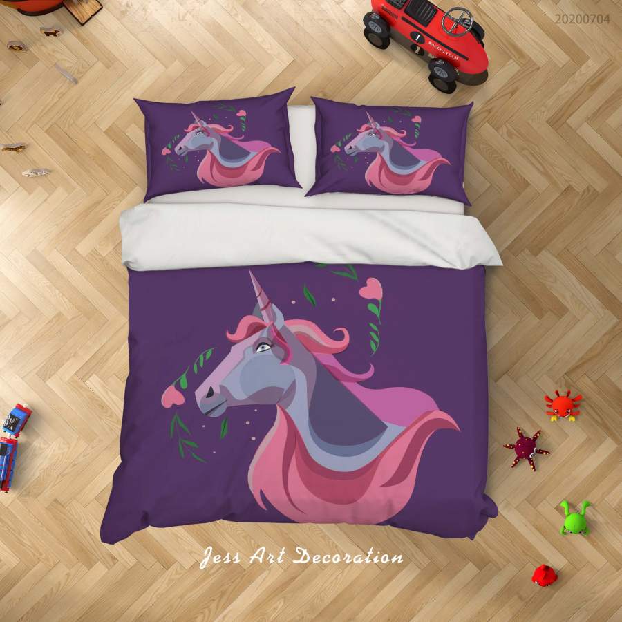 3D Dark Purple Unicorn Quilt Cover Set Bedding Set Duvet Cover Pillowcases SF254