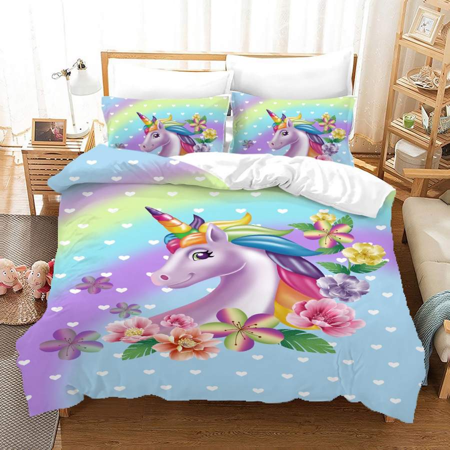 3D Cartoon Unicorn Rainbow Quilt Cover Set Bedding Set Duvet Cover Pillowcases A690 LQH