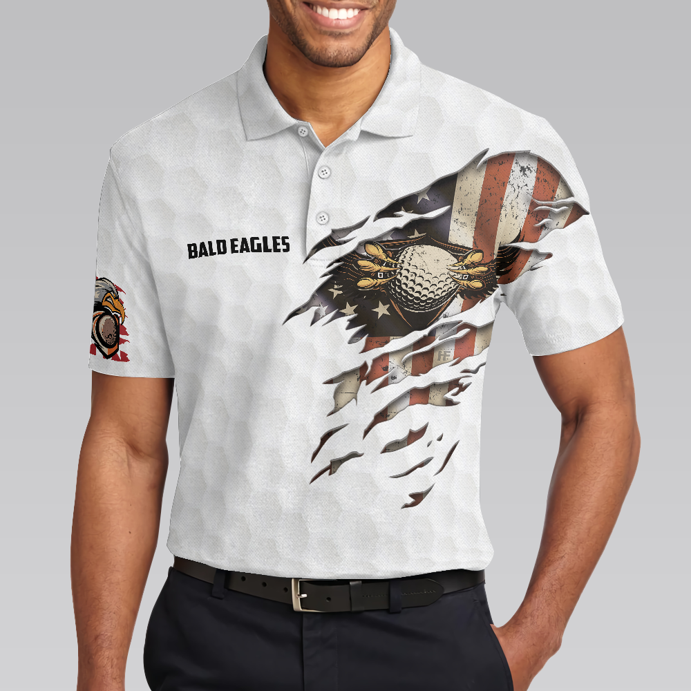 American Flag, Golf Ball Texture Men Polo Shirt, Bald Eagles American Golf Polo Shirt