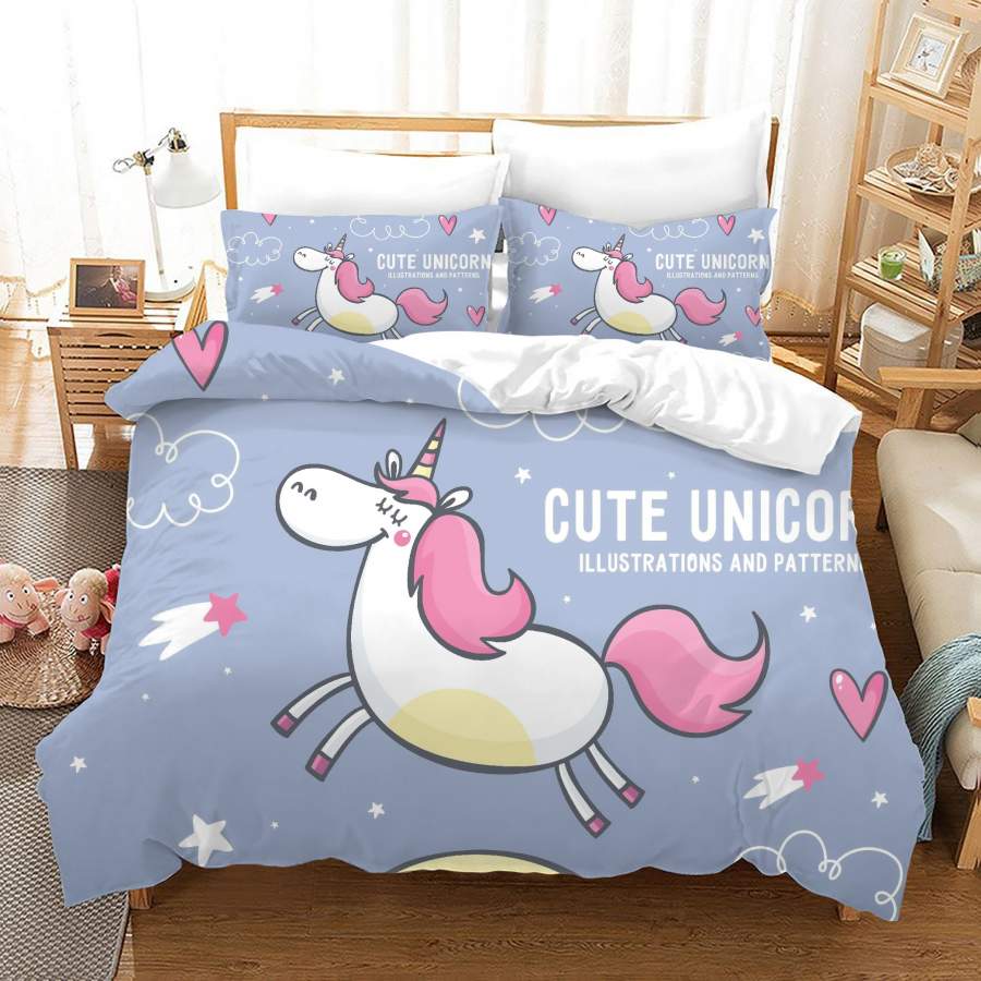 3D Purple Cute Cartoon Unicorn Quilt Cover Set Bedding Set Duvet Cover Pillowcases JN1035