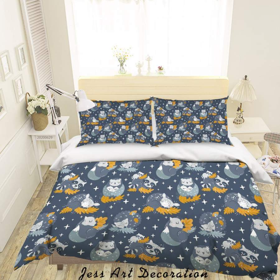 3D Blue Animal Deer Fox Tanuki Stars Quilt Cover Set Bedding Set Duvet Cover Pillowcases SF01