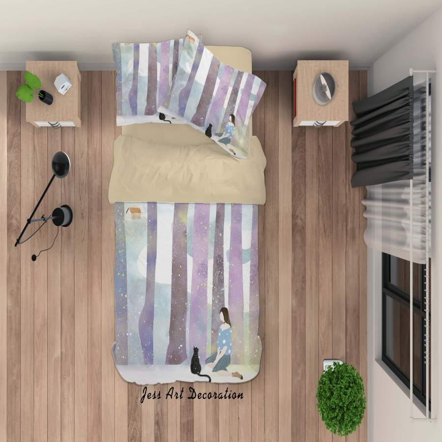 3D Forest Girl Cat Painting Quilt Cover Set Bedding Set Duvet Cover Pillowcases A465 LQH