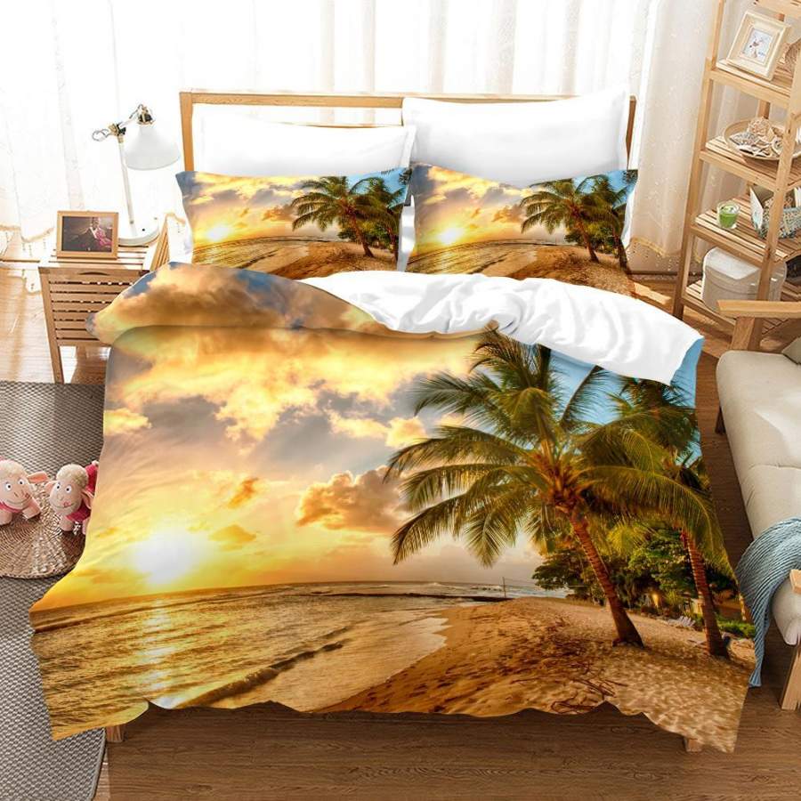 3D Golden Beach Palm Tree Quilt Cover Set Bedding Set Pillowcases 175