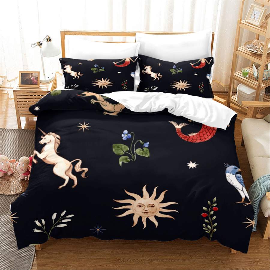 3D Black Floral Dinosaur Mermaid Unicorn Quilt Cover Set Bedding Set Duvet Cover Pillowcases SF04