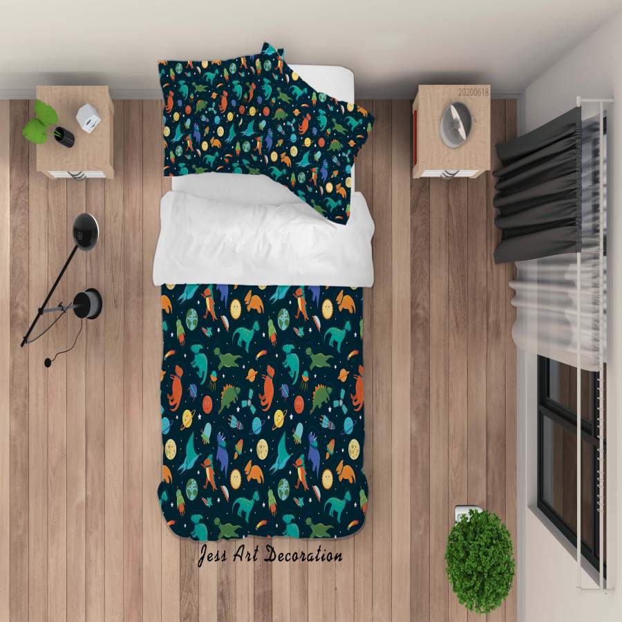 3D Dark Dinosaur Planet Rocket Satellite Quilt Cover Set Bedding Set Duvet Cover Pillowcases SF72