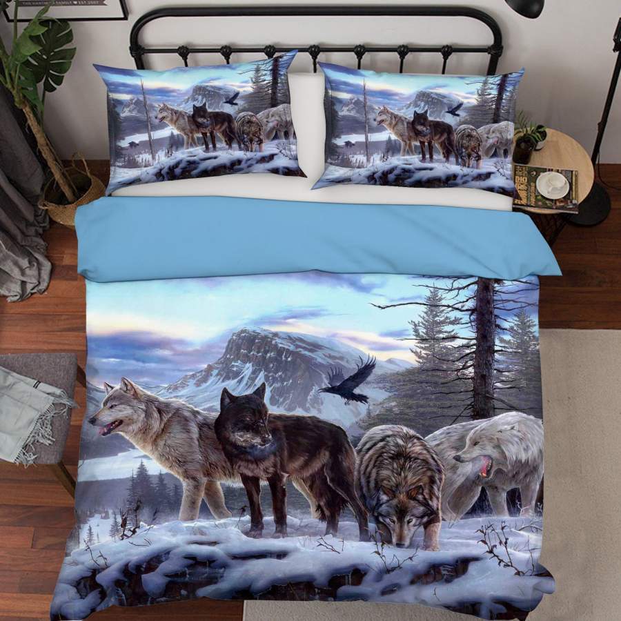 3D Blue Wolf Snow Mountains Tree Eagle Quilt Cover Set Bedding Set Pillowcases 83