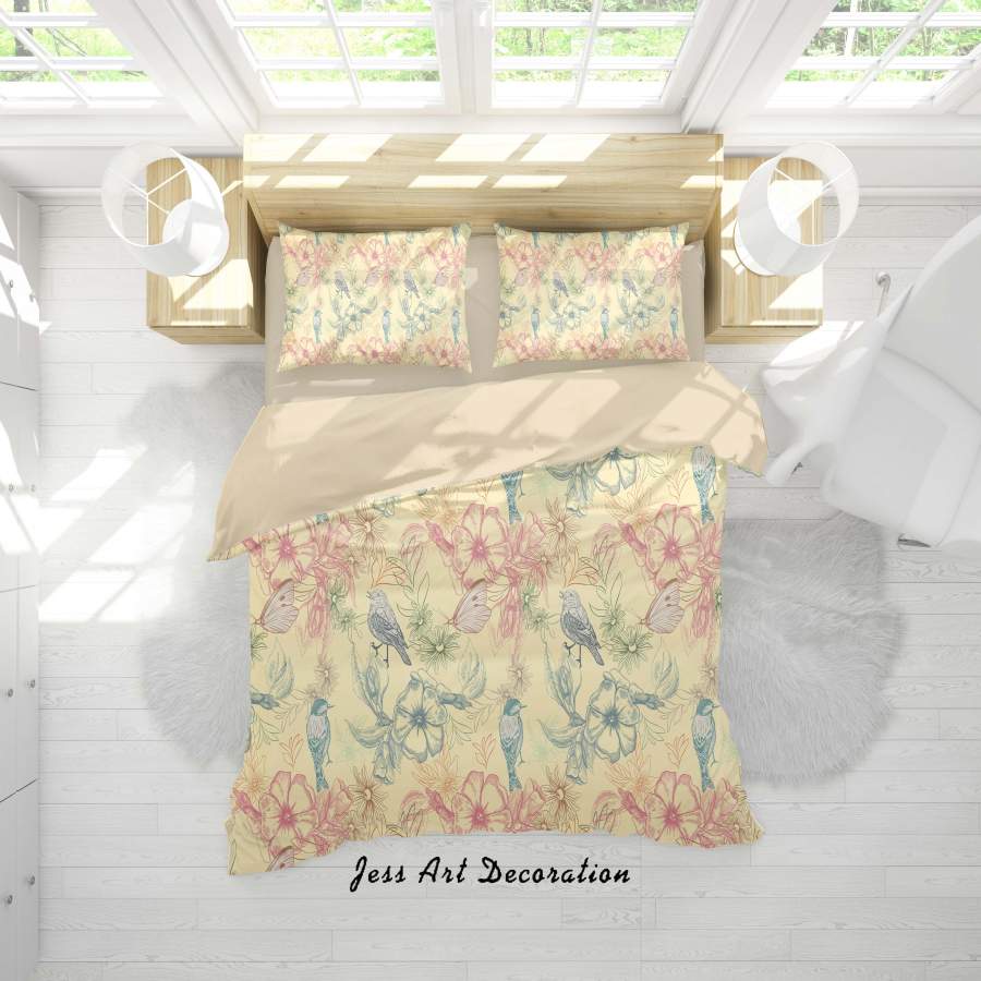 3D Yellow Floral Birds Butterfly Quilt Cover Set Bedding Set Duvet Cover Pillowcases SF82