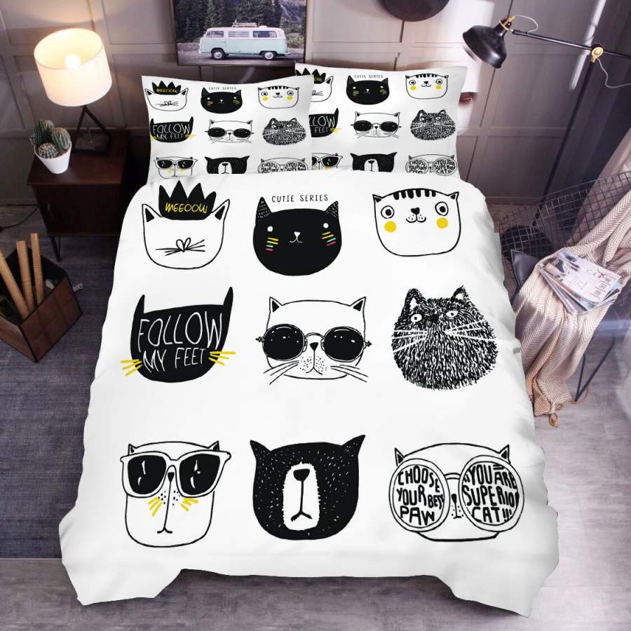 3D Black White Cartoon Cat Kitty Quilt Cover Set Bedding Set Duvet Cover Pillowcases SF43