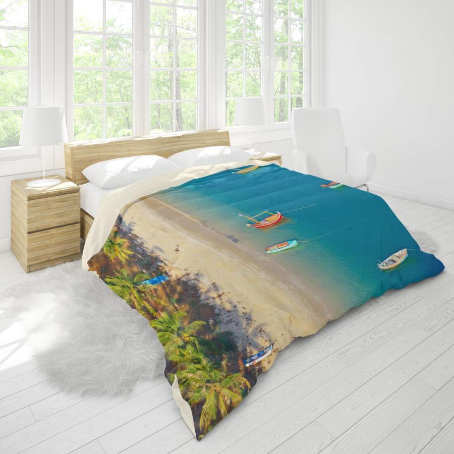 3D Tropical Palm Tree Sea Beach Boat Quilt Cover Set Bedding Set Pillowcases 03