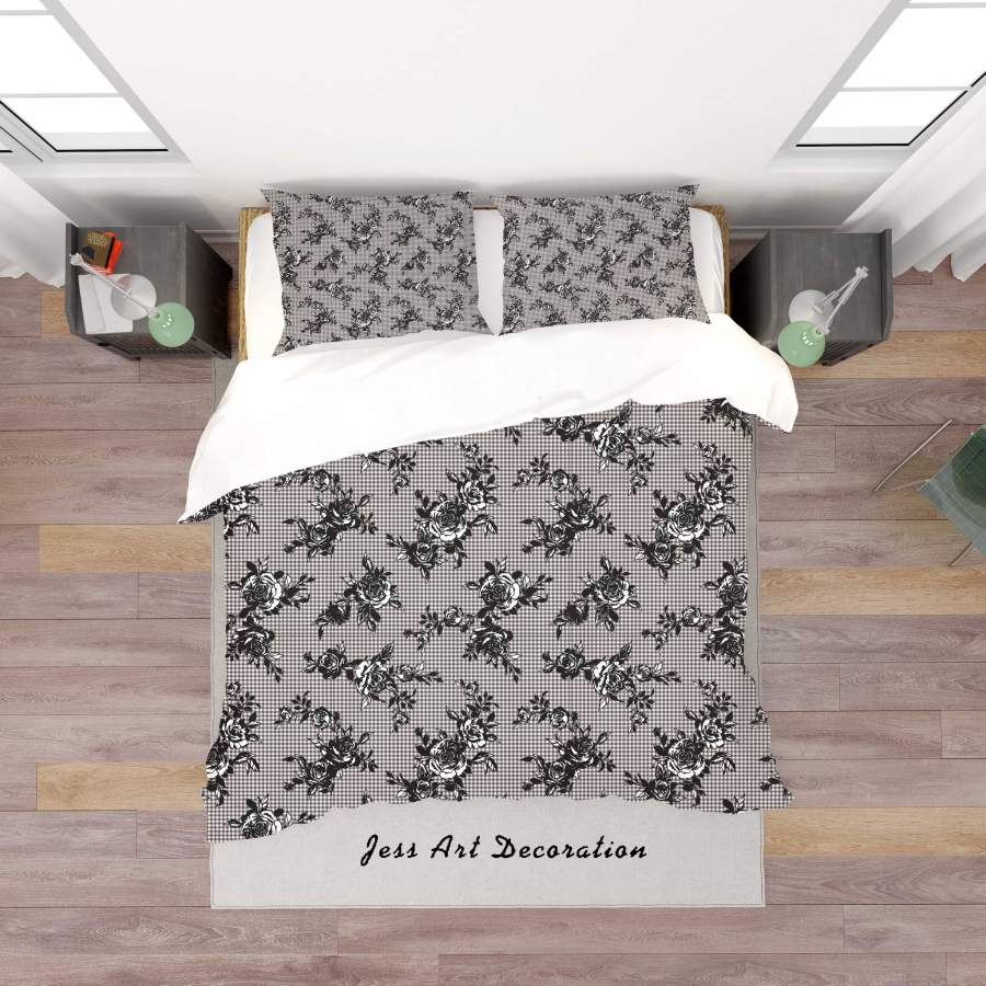 3D Gray Check Floral Quilt Cover Set Bedding Set Duvet Cover Pillowcases SF136