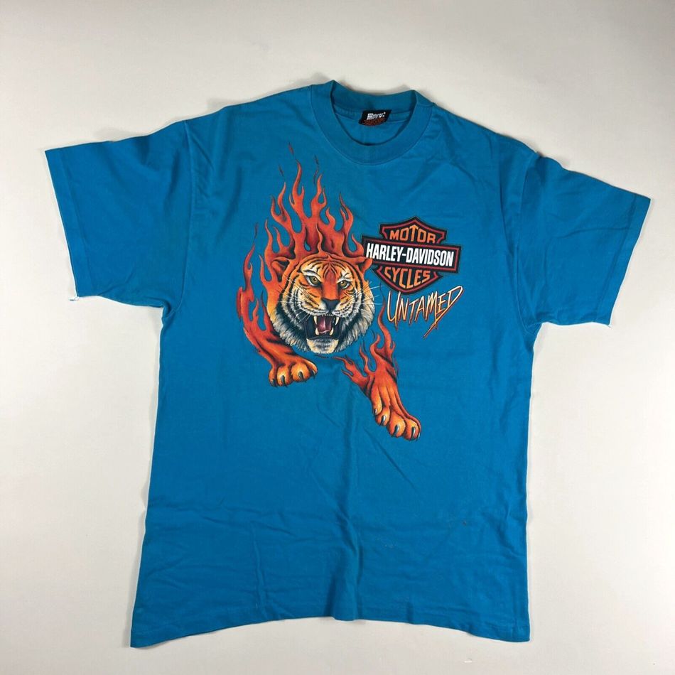 Vintage Harley Davidson L Untamed Casper Gillette Wyoming Flaming Tiger Shirt, Shirt Outfit, Gift For Men, Gift For Women