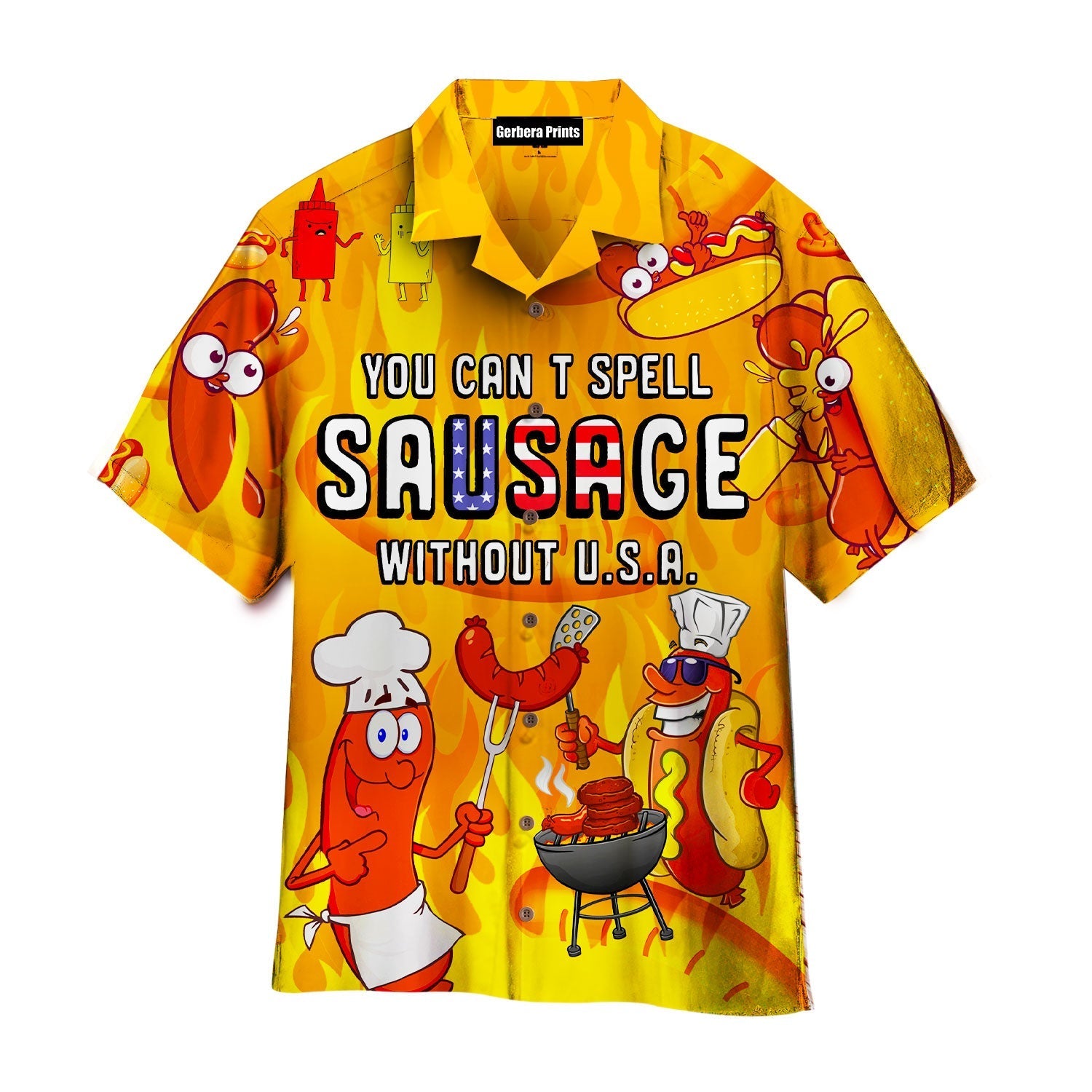 You Cant Spell Sausage Without Usa Orange And Yellow Hawaiian Shirt