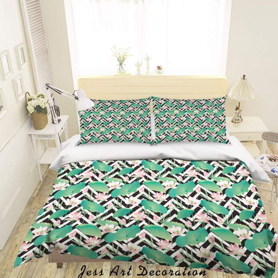 3D Green Wavy Lines Lotus Quilt Cover Set Bedding Set Duvet Cover Pillowcases SF126