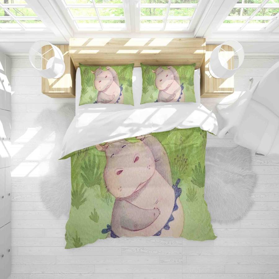 3D Green Hippopotamus Quilt Cover Set Bedding Set Duvet Cover Pillowcases SF066