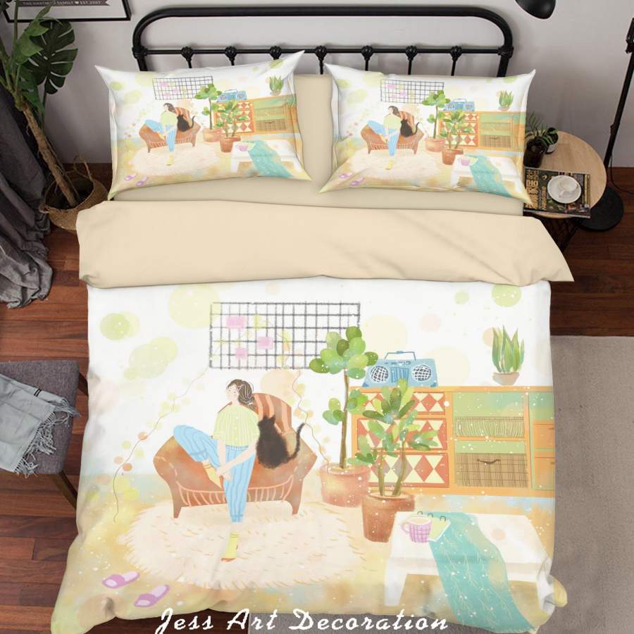 3D Green Plant Girl Cat Painting Quilt Cover Set Bedding Set Duvet Cover Pillowcases A529 LQH