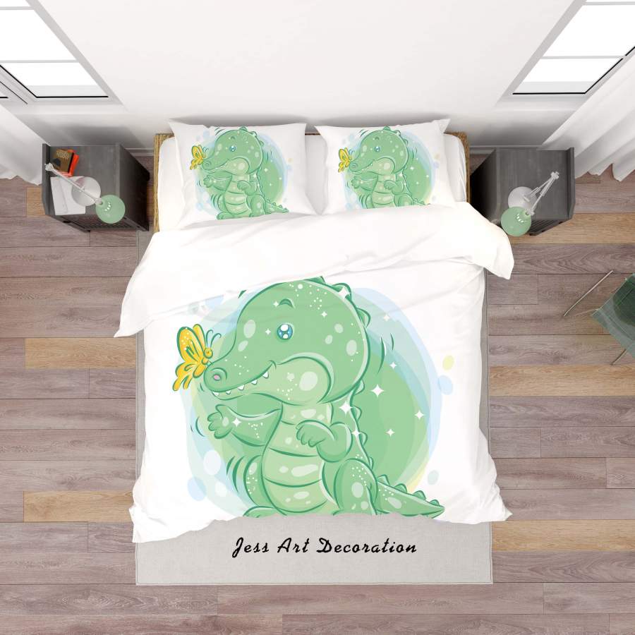 3D White Green Dinosaur Butterfly Quilt Cover Set Bedding Set Duvet Cover Pillowcases SF50