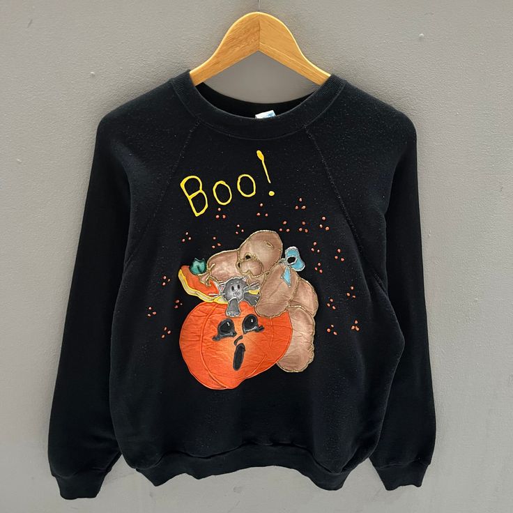 Vintage 90s Tultex Tag Pumpkin Bear Boo Halloween Big Logo Printed Colour Black Crewneck Pullover Sweater Halloween, Halloween Costume Ideas, Shirt Outfit Ideas