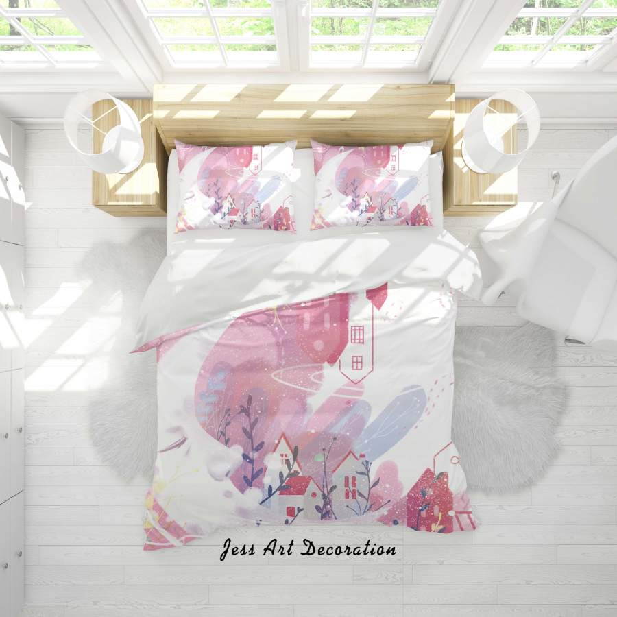 3D Pink Tree Moon House Painting Quilt Cover Set Bedding Set Duvet Cover Pillowcases A528 LQH