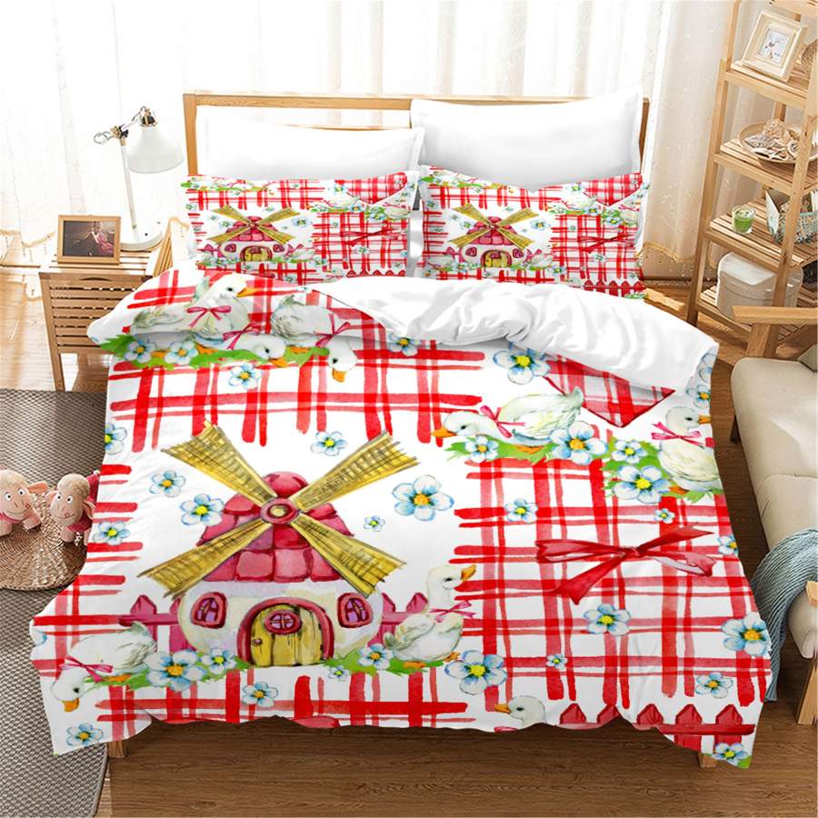 3D Red Plaid Duck Windmill Floral Quilt Cover Set Bedding Set Duvet Cover Pillowcases SF07