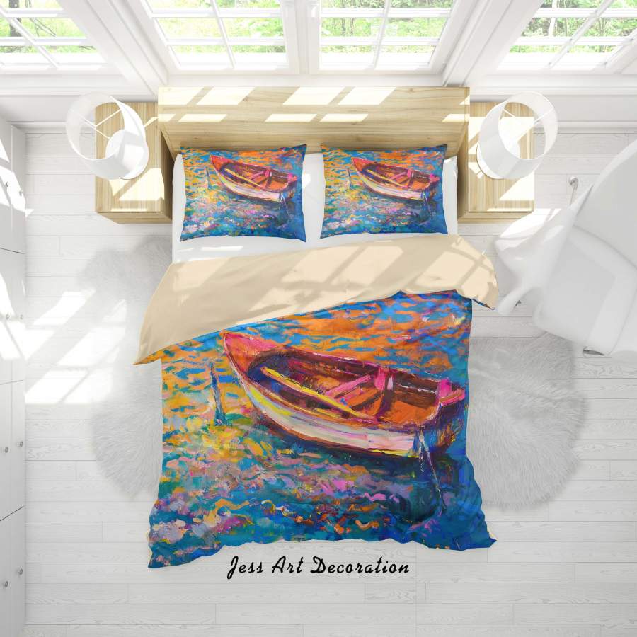 3D Lake Boat Landscape Oil Painting Quilt Cover Set Bedding Set Duvet Cover Pillowcases A050 LQH