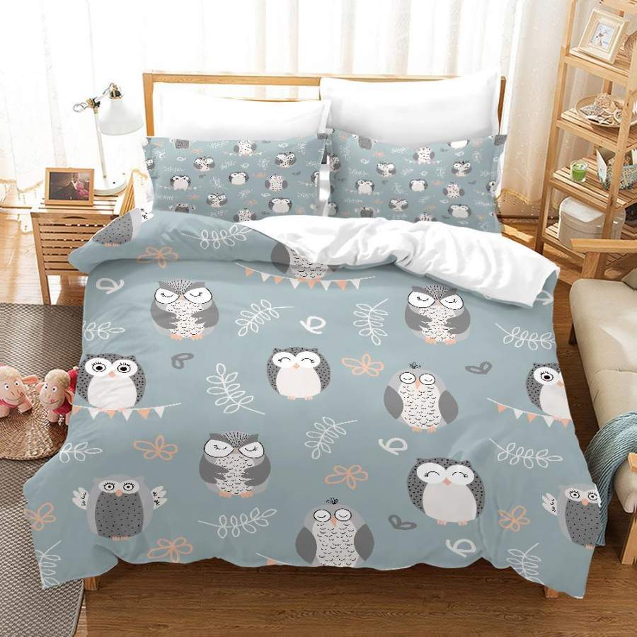 3D Cartoon Owl Floral Leaves Quilt Cover Set Bedding Set Duvet Cover Pillowcases SF77