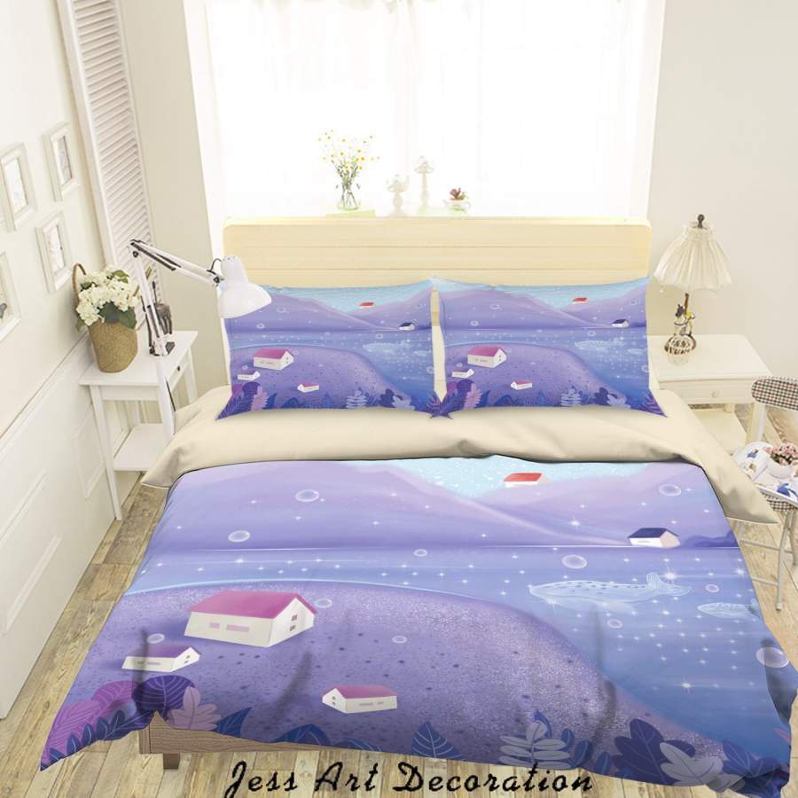 3D Cartoon Purple Hill Lake House Quilt Cover Set Bedding Set Duvet Cover Pillowcases A614 LQH