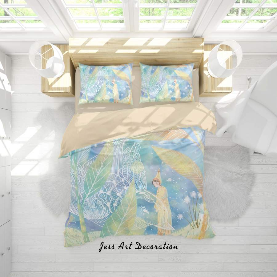 3D Leaf Girl Blue Painting Quilt Cover Set Bedding Set Duvet Cover Pillowcases A518 LQH