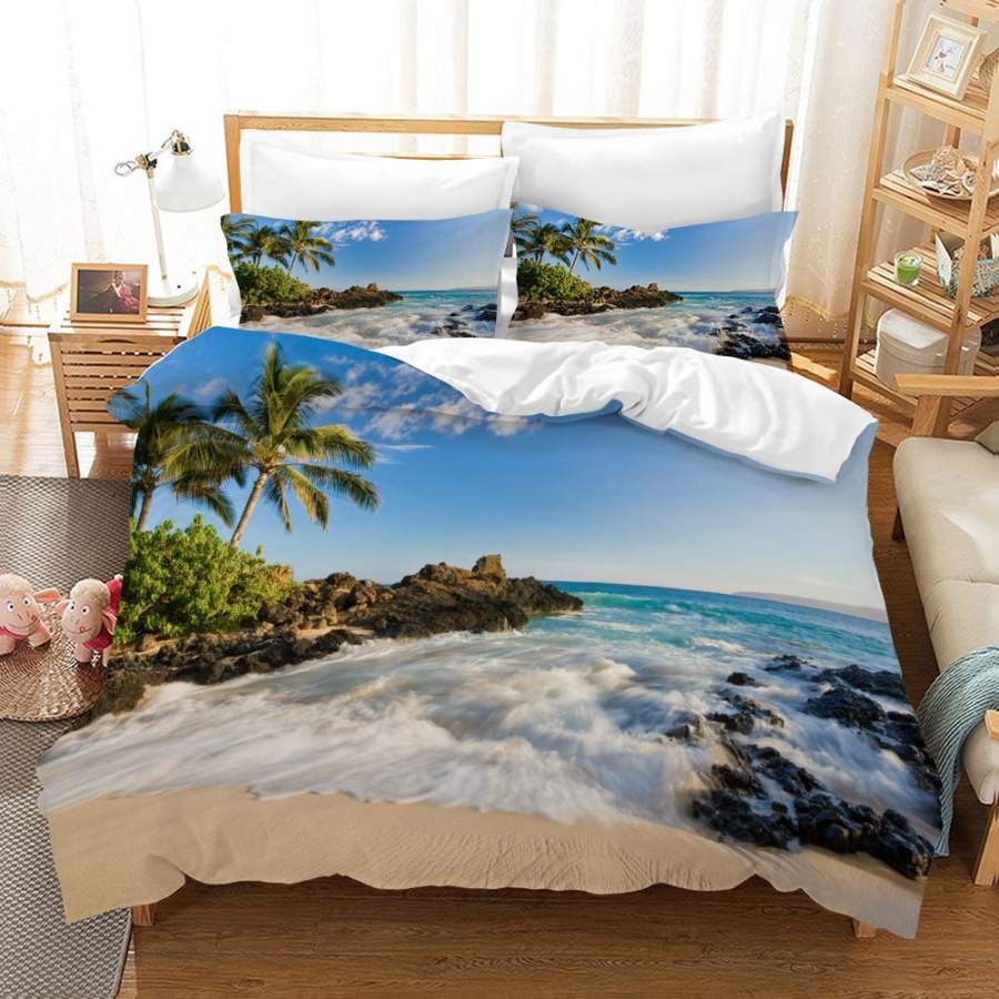 3D Blue Sea Beach Tree Landscape Quilt Cover Set Bedding Set Pillowcases 174