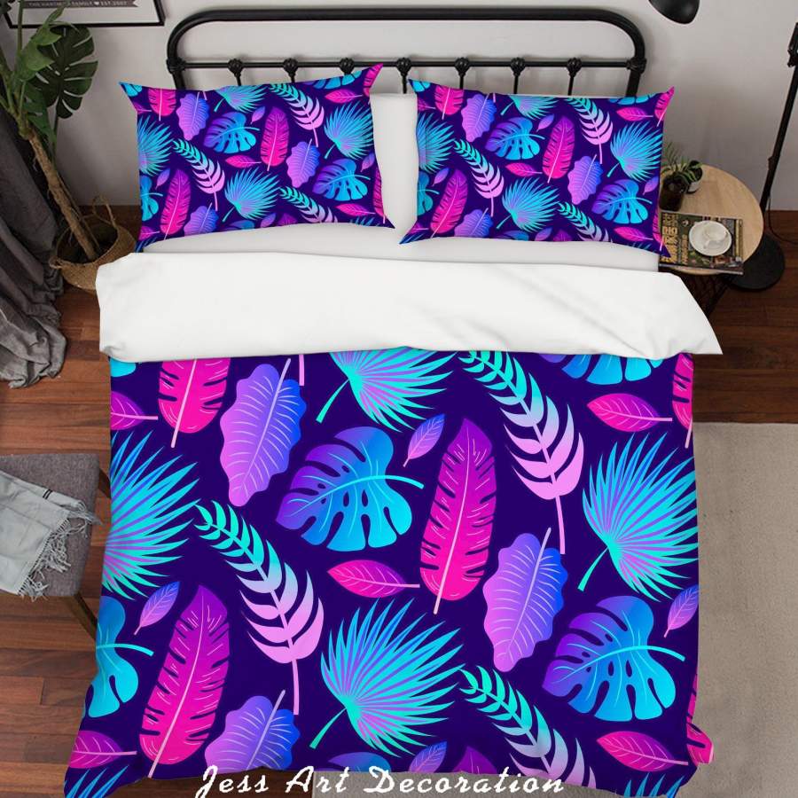 3D Blue Pink Tropical Leaves Quilt Cover Set Bedding Set Duvet Cover Pillowcases SF127